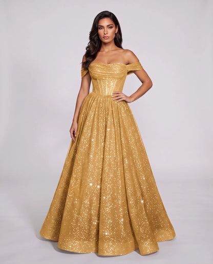 Gold Glitter Tulle Off-Shoulder Corset Ball Gown Maxi Dress | Ramblion | SKU: VMD-583194726408315-GOLD-L,VMD-583194726408315-GOLD-M,VMD-583194726408315-GOLD-S,VMD-583194726408315-GOLD-XL,VMD-583194726408315-GOLD-XS