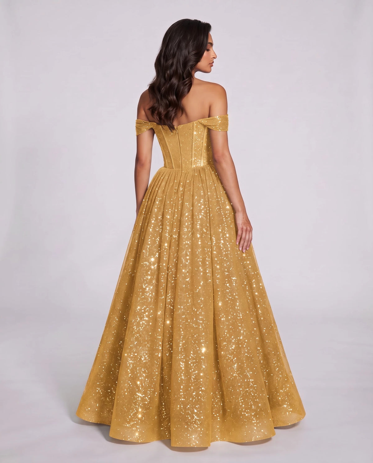 Gold Glitter Tulle Off-Shoulder Corset Ball Gown Maxi Dress | Ramblion | SKU: VMD-583194726408315-GOLD-L,VMD-583194726408315-GOLD-M,VMD-583194726408315-GOLD-S,VMD-583194726408315-GOLD-XL,VMD-583194726408315-GOLD-XS