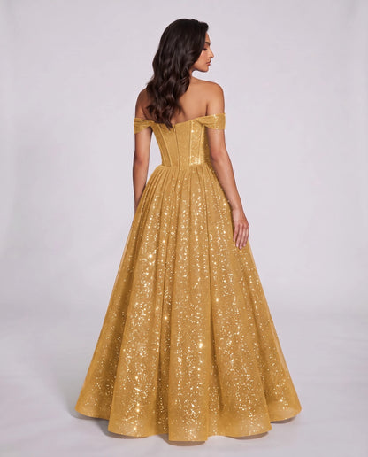 Gold Glitter Tulle Off-Shoulder Corset Ball Gown Maxi Dress | Ramblion | SKU: VMD-583194726408315-GOLD-L,VMD-583194726408315-GOLD-M,VMD-583194726408315-GOLD-S,VMD-583194726408315-GOLD-XL,VMD-583194726408315-GOLD-XS