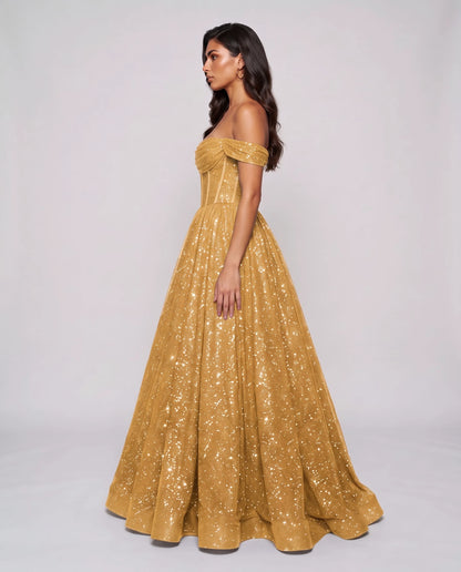 Gold Glitter Tulle Off-Shoulder Corset Ball Gown Maxi Dress | Ramblion | SKU: VMD-583194726408315-GOLD-L,VMD-583194726408315-GOLD-M,VMD-583194726408315-GOLD-S,VMD-583194726408315-GOLD-XL,VMD-583194726408315-GOLD-XS