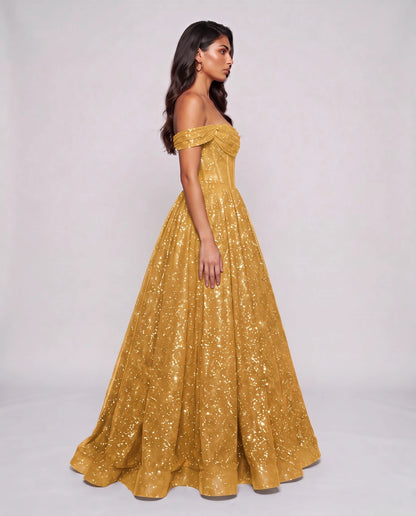 Gold Glitter Tulle Off-Shoulder Corset Ball Gown Maxi Dress | Ramblion | SKU: VMD-583194726408315-GOLD-L,VMD-583194726408315-GOLD-M,VMD-583194726408315-GOLD-S,VMD-583194726408315-GOLD-XL,VMD-583194726408315-GOLD-XS