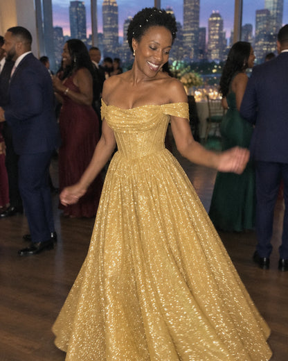 Gold Glitter Tulle Off-Shoulder Corset Ball Gown Maxi Dress | Ramblion | SKU: VMD-583194726408315-GOLD-L,VMD-583194726408315-GOLD-M,VMD-583194726408315-GOLD-S,VMD-583194726408315-GOLD-XL,VMD-583194726408315-GOLD-XS