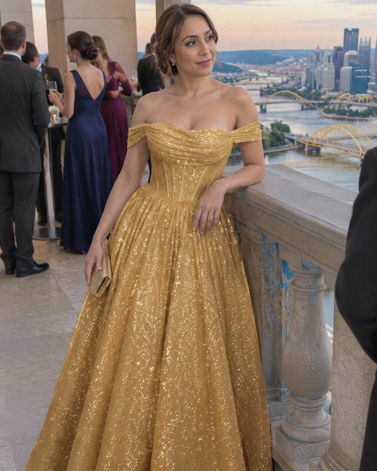 Gold Glitter Tulle Off-Shoulder Corset Ball Gown Maxi Dress | Ramblion | SKU: VMD-583194726408315-GOLD-L,VMD-583194726408315-GOLD-M,VMD-583194726408315-GOLD-S,VMD-583194726408315-GOLD-XL,VMD-583194726408315-GOLD-XS