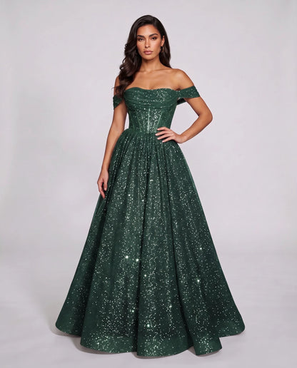 Green Glitter Tulle Off-Shoulder Corset Ball Gown Maxi Dress | Ramblion | SKU: VMD-583194726408315-GREEN-L,VMD-583194726408315-GREEN-M,VMD-583194726408315-GREEN-S,VMD-583194726408315-GREEN-XL,VMD-583194726408315-GREEN-XS