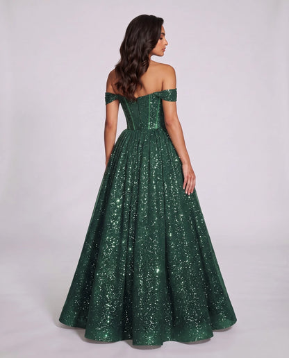 Green Glitter Tulle Off-Shoulder Corset Ball Gown Maxi Dress | Ramblion | SKU: VMD-583194726408315-GREEN-L,VMD-583194726408315-GREEN-M,VMD-583194726408315-GREEN-S,VMD-583194726408315-GREEN-XL,VMD-583194726408315-GREEN-XS