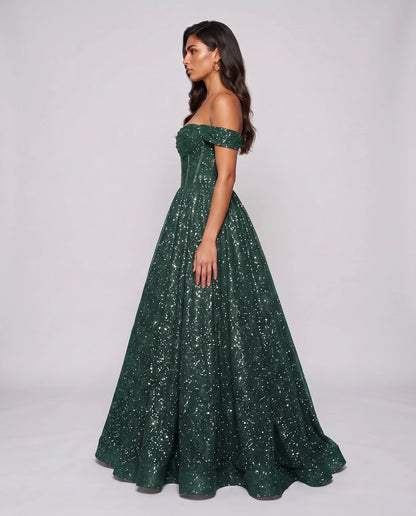 Green Glitter Tulle Off-Shoulder Corset Ball Gown Maxi Dress | Ramblion | SKU: VMD-583194726408315-GREEN-L,VMD-583194726408315-GREEN-M,VMD-583194726408315-GREEN-S,VMD-583194726408315-GREEN-XL,VMD-583194726408315-GREEN-XS