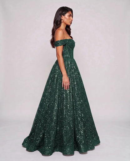Green Glitter Tulle Off-Shoulder Corset Ball Gown Maxi Dress | Ramblion | SKU: VMD-583194726408315-GREEN-L,VMD-583194726408315-GREEN-M,VMD-583194726408315-GREEN-S,VMD-583194726408315-GREEN-XL,VMD-583194726408315-GREEN-XS