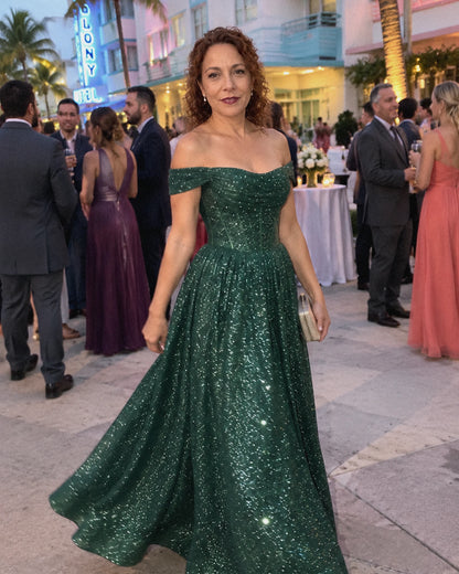 Green Glitter Tulle Off-Shoulder Corset Ball Gown Maxi Dress | Ramblion | SKU: VMD-583194726408315-GREEN-L,VMD-583194726408315-GREEN-M,VMD-583194726408315-GREEN-S,VMD-583194726408315-GREEN-XL,VMD-583194726408315-GREEN-XS