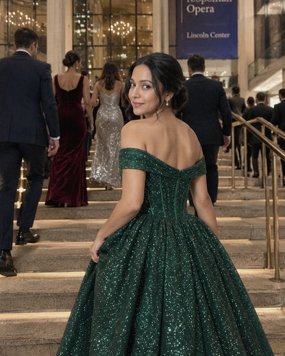 Green Glitter Tulle Off-Shoulder Corset Ball Gown Maxi Dress | Ramblion | SKU: VMD-583194726408315-GREEN-L,VMD-583194726408315-GREEN-M,VMD-583194726408315-GREEN-S,VMD-583194726408315-GREEN-XL,VMD-583194726408315-GREEN-XS