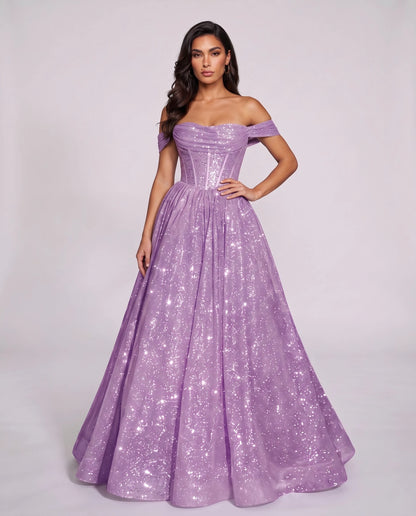Lilac Glitter Tulle Off-Shoulder Corset Ball Gown Maxi Dress | Ramblion | SKU: VMD-583194726408315-LILAC-L,VMD-583194726408315-LILAC-M,VMD-583194726408315-LILAC-S,VMD-583194726408315-LILAC-XL,VMD-583194726408315-LILAC-XS