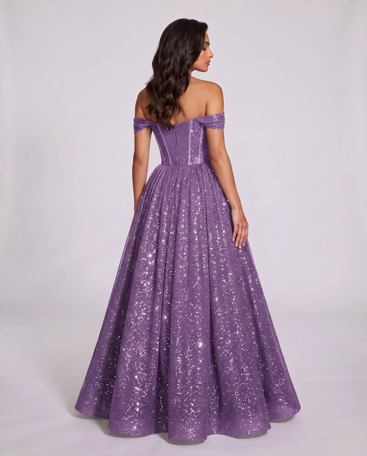 Lilac Glitter Tulle Off-Shoulder Corset Ball Gown Maxi Dress | Ramblion | SKU: VMD-583194726408315-LILAC-L,VMD-583194726408315-LILAC-M,VMD-583194726408315-LILAC-S,VMD-583194726408315-LILAC-XL,VMD-583194726408315-LILAC-XS