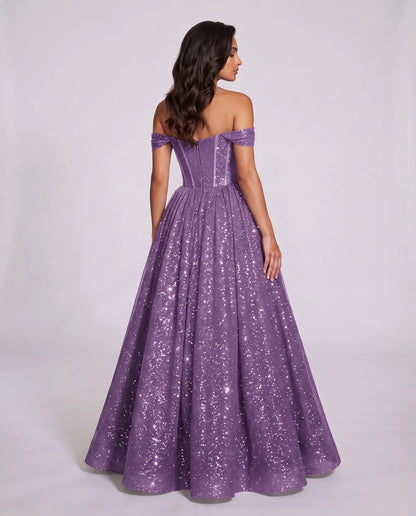 Lilac Glitter Tulle Off-Shoulder Corset Ball Gown Maxi Dress | Ramblion | SKU: VMD-583194726408315-LILAC-L,VMD-583194726408315-LILAC-M,VMD-583194726408315-LILAC-S,VMD-583194726408315-LILAC-XL,VMD-583194726408315-LILAC-XS