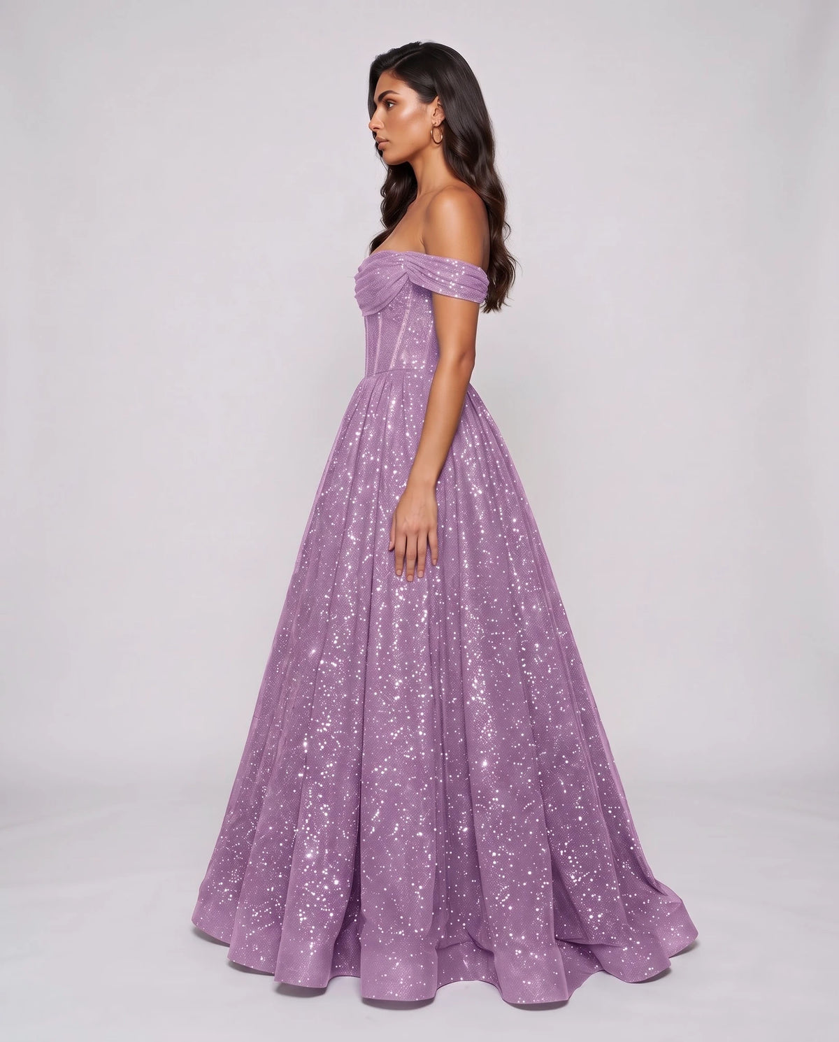 Lilac Glitter Tulle Off-Shoulder Corset Ball Gown Maxi Dress | Ramblion | SKU: VMD-583194726408315-LILAC-L,VMD-583194726408315-LILAC-M,VMD-583194726408315-LILAC-S,VMD-583194726408315-LILAC-XL,VMD-583194726408315-LILAC-XS