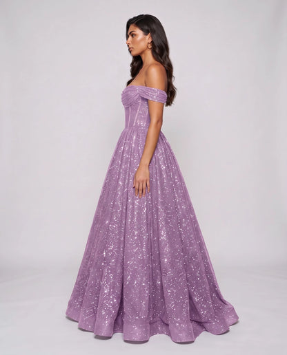 Lilac Glitter Tulle Off-Shoulder Corset Ball Gown Maxi Dress | Ramblion | SKU: VMD-583194726408315-LILAC-L,VMD-583194726408315-LILAC-M,VMD-583194726408315-LILAC-S,VMD-583194726408315-LILAC-XL,VMD-583194726408315-LILAC-XS