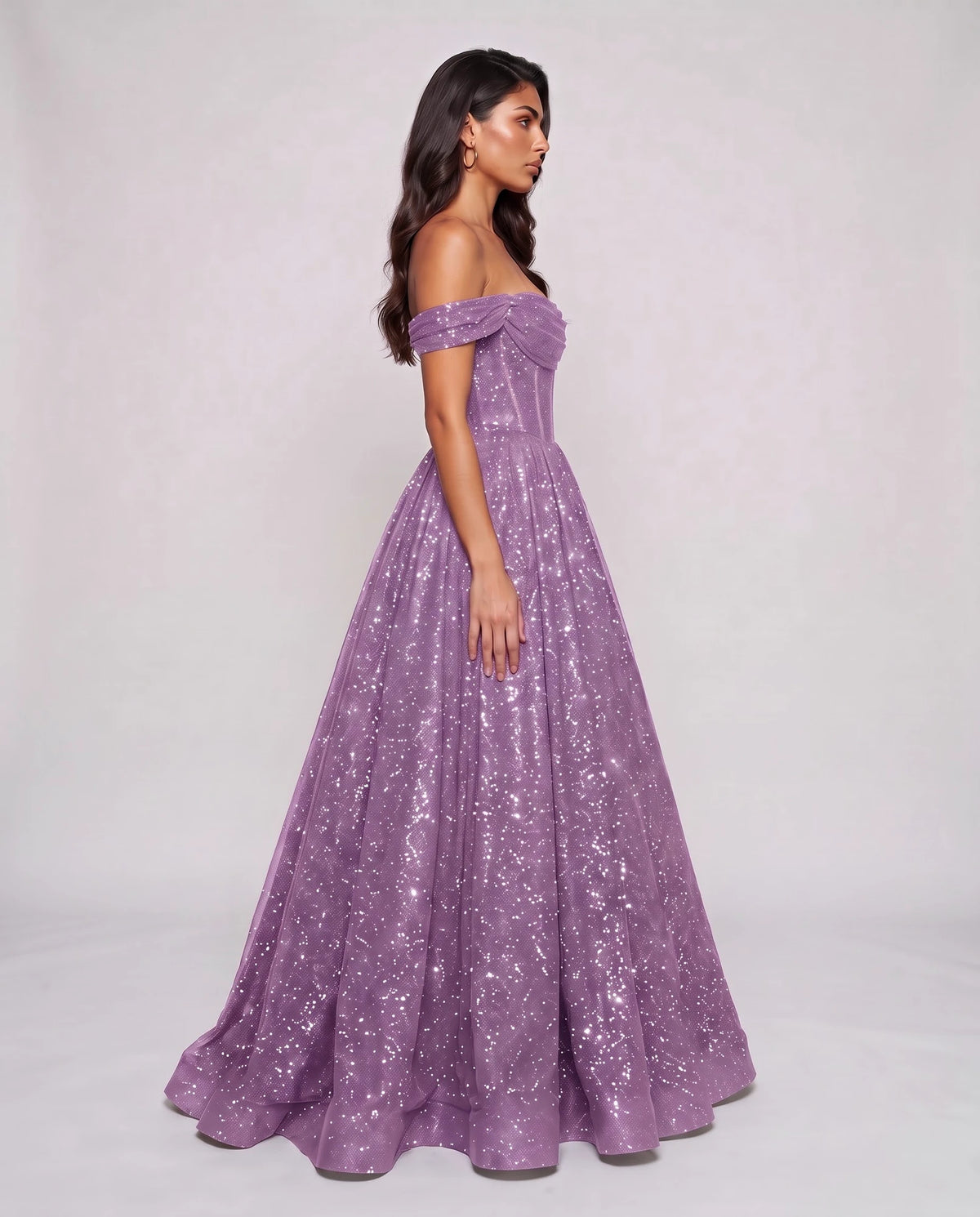 Lilac Glitter Tulle Off-Shoulder Corset Ball Gown Maxi Dress | Ramblion | SKU: VMD-583194726408315-LILAC-L,VMD-583194726408315-LILAC-M,VMD-583194726408315-LILAC-S,VMD-583194726408315-LILAC-XL,VMD-583194726408315-LILAC-XS