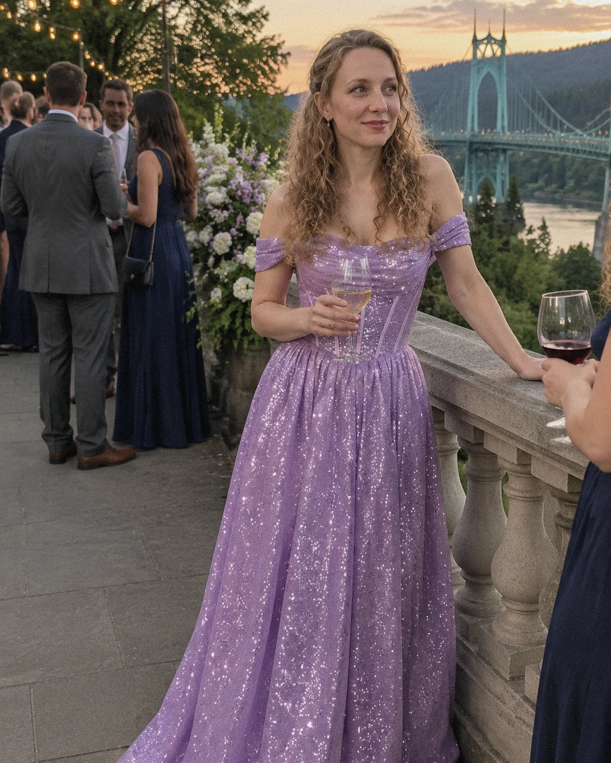 Lilac Glitter Tulle Off-Shoulder Corset Ball Gown Maxi Dress | Ramblion | SKU: VMD-583194726408315-LILAC-L,VMD-583194726408315-LILAC-M,VMD-583194726408315-LILAC-S,VMD-583194726408315-LILAC-XL,VMD-583194726408315-LILAC-XS