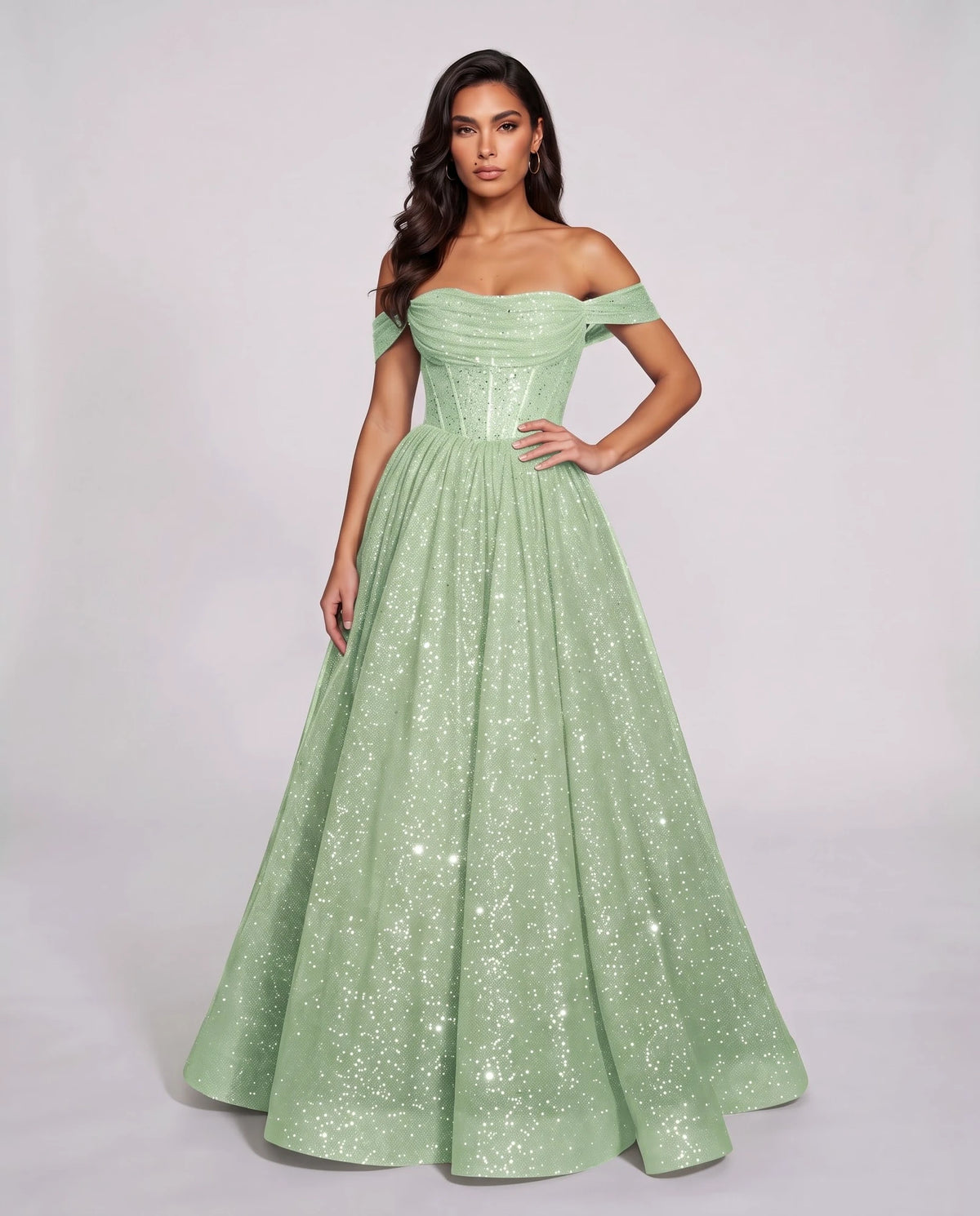 Mint Glitter Tulle Off-Shoulder Corset Ball Gown Maxi Dress | Ramblion | SKU: VMD-583194726408315-MINT-L,VMD-583194726408315-MINT-M,VMD-583194726408315-MINT-S,VMD-583194726408315-MINT-XL,VMD-583194726408315-MINT-XS