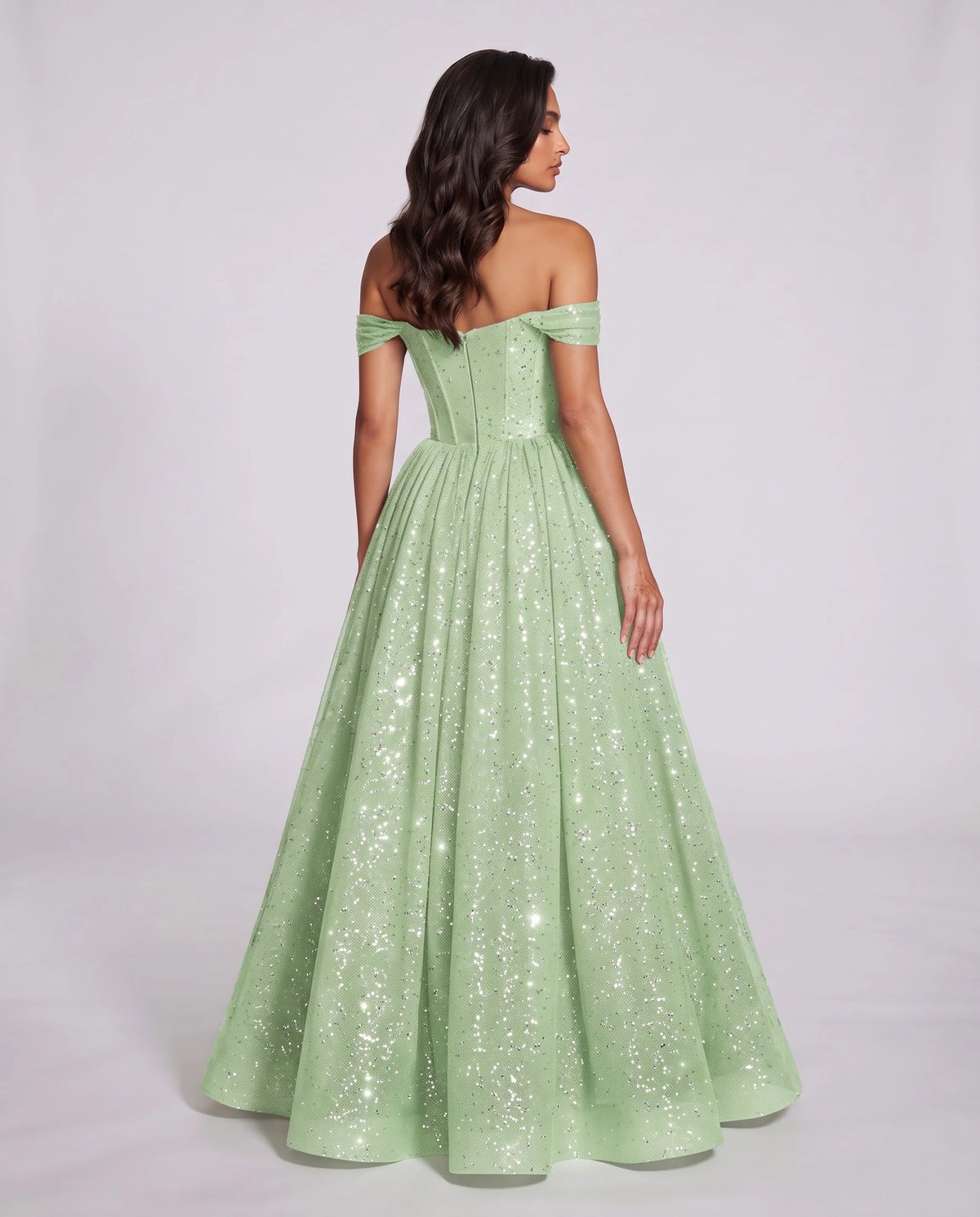 Mint Glitter Tulle Off-Shoulder Corset Ball Gown Maxi Dress | Ramblion | SKU: VMD-583194726408315-MINT-L,VMD-583194726408315-MINT-M,VMD-583194726408315-MINT-S,VMD-583194726408315-MINT-XL,VMD-583194726408315-MINT-XS
