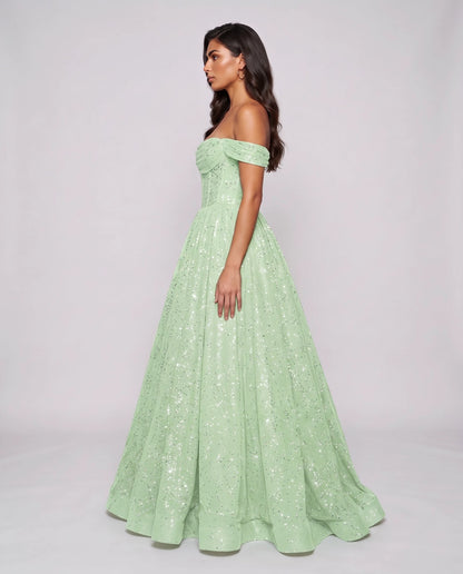 Mint Glitter Tulle Off-Shoulder Corset Ball Gown Maxi Dress | Ramblion | SKU: VMD-583194726408315-MINT-L,VMD-583194726408315-MINT-M,VMD-583194726408315-MINT-S,VMD-583194726408315-MINT-XL,VMD-583194726408315-MINT-XS