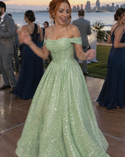 Mint Glitter Tulle Off-Shoulder Corset Ball Gown Maxi Dress | Ramblion | SKU: VMD-583194726408315-MINT-L,VMD-583194726408315-MINT-M,VMD-583194726408315-MINT-S,VMD-583194726408315-MINT-XL,VMD-583194726408315-MINT-XS