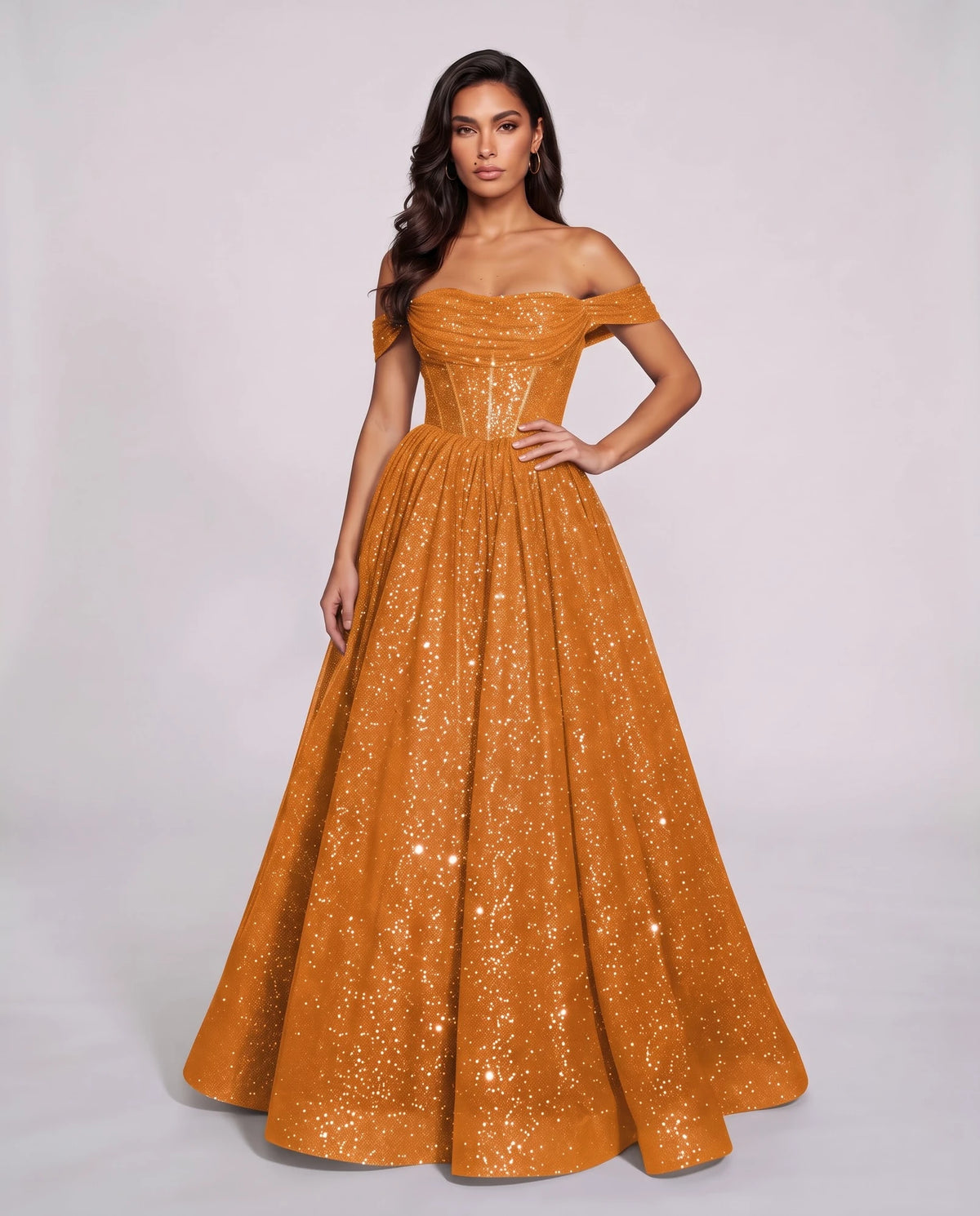 Orange Glitter Tulle Off-Shoulder Corset Ball Gown Maxi Dress | Ramblion | SKU: VMD-583194726408315-ORANGE-L,VMD-583194726408315-ORANGE-M,VMD-583194726408315-ORANGE-S,VMD-583194726408315-ORANGE-XL,VMD-583194726408315-ORANGE-XS