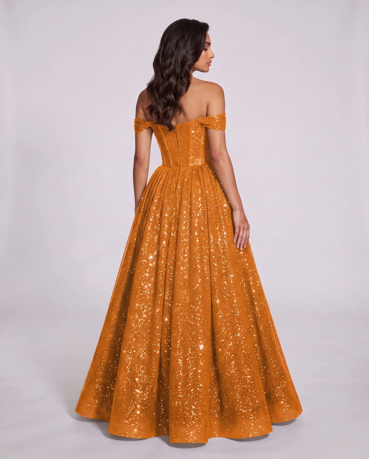 Orange Glitter Tulle Off-Shoulder Corset Ball Gown Maxi Dress | Ramblion | SKU: VMD-583194726408315-ORANGE-L,VMD-583194726408315-ORANGE-M,VMD-583194726408315-ORANGE-S,VMD-583194726408315-ORANGE-XL,VMD-583194726408315-ORANGE-XS
