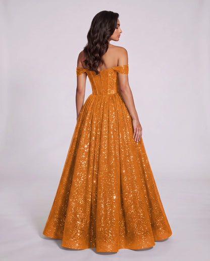 Orange Glitter Tulle Off-Shoulder Corset Ball Gown Maxi Dress | Ramblion | SKU: VMD-583194726408315-ORANGE-L,VMD-583194726408315-ORANGE-M,VMD-583194726408315-ORANGE-S,VMD-583194726408315-ORANGE-XL,VMD-583194726408315-ORANGE-XS