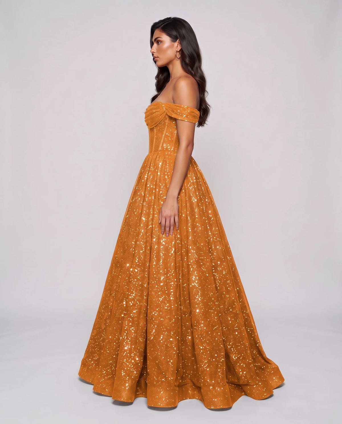 Orange Glitter Tulle Off-Shoulder Corset Ball Gown Maxi Dress | Ramblion | SKU: VMD-583194726408315-ORANGE-L,VMD-583194726408315-ORANGE-M,VMD-583194726408315-ORANGE-S,VMD-583194726408315-ORANGE-XL,VMD-583194726408315-ORANGE-XS