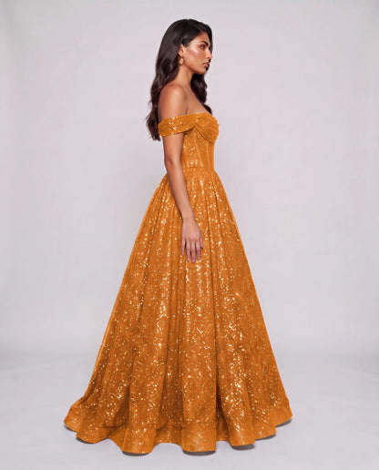 Orange Glitter Tulle Off-Shoulder Corset Ball Gown Maxi Dress | Ramblion | SKU: VMD-583194726408315-ORANGE-L,VMD-583194726408315-ORANGE-M,VMD-583194726408315-ORANGE-S,VMD-583194726408315-ORANGE-XL,VMD-583194726408315-ORANGE-XS