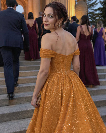 Orange Glitter Tulle Off-Shoulder Corset Ball Gown Maxi Dress | Ramblion | SKU: VMD-583194726408315-ORANGE-L,VMD-583194726408315-ORANGE-M,VMD-583194726408315-ORANGE-S,VMD-583194726408315-ORANGE-XL,VMD-583194726408315-ORANGE-XS