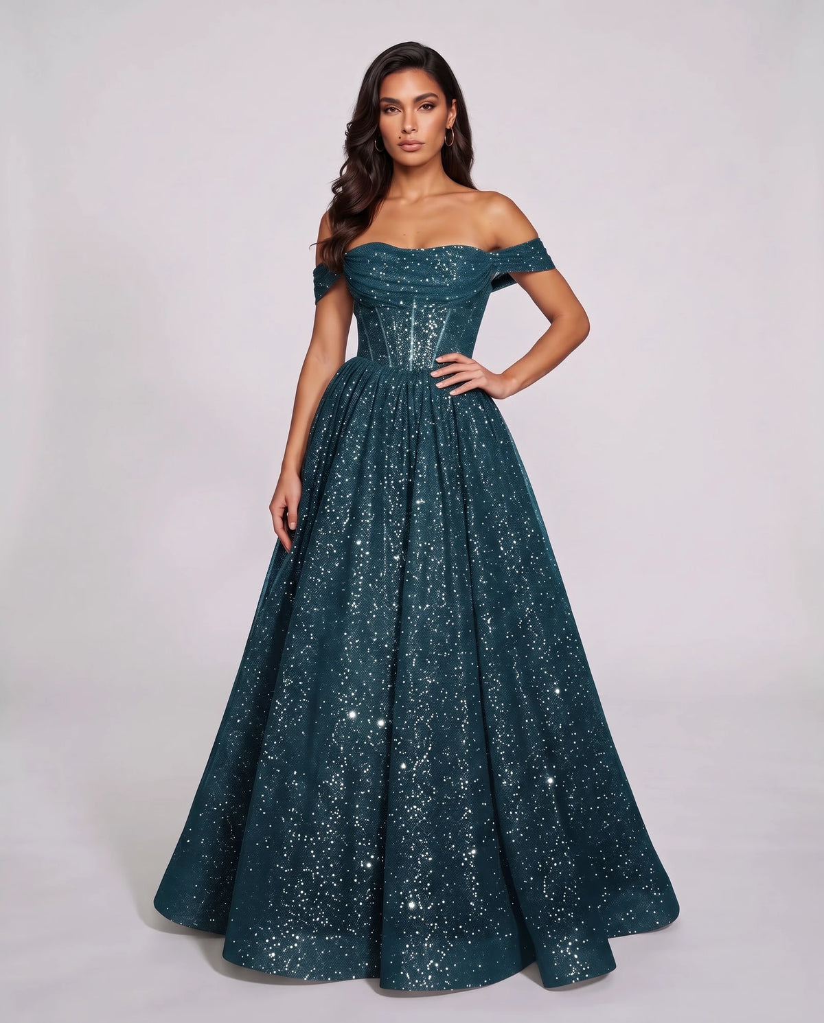 Peacock Glitter Tulle Off-Shoulder Corset Ball Gown Maxi Dress | Ramblion | SKU: VMD-583194726408315-PEACOCK-L,VMD-583194726408315-PEACOCK-M,VMD-583194726408315-PEACOCK-S,VMD-583194726408315-PEACOCK-XL,VMD-583194726408315-PEACOCK-XS