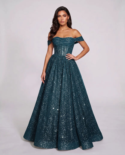 Peacock Glitter Tulle Off-Shoulder Corset Ball Gown Maxi Dress | Ramblion | SKU: VMD-583194726408315-PEACOCK-L,VMD-583194726408315-PEACOCK-M,VMD-583194726408315-PEACOCK-S,VMD-583194726408315-PEACOCK-XL,VMD-583194726408315-PEACOCK-XS