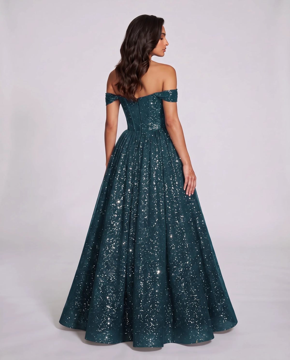 Peacock Glitter Tulle Off-Shoulder Corset Ball Gown Maxi Dress | Ramblion | SKU: VMD-583194726408315-PEACOCK-L,VMD-583194726408315-PEACOCK-M,VMD-583194726408315-PEACOCK-S,VMD-583194726408315-PEACOCK-XL,VMD-583194726408315-PEACOCK-XS