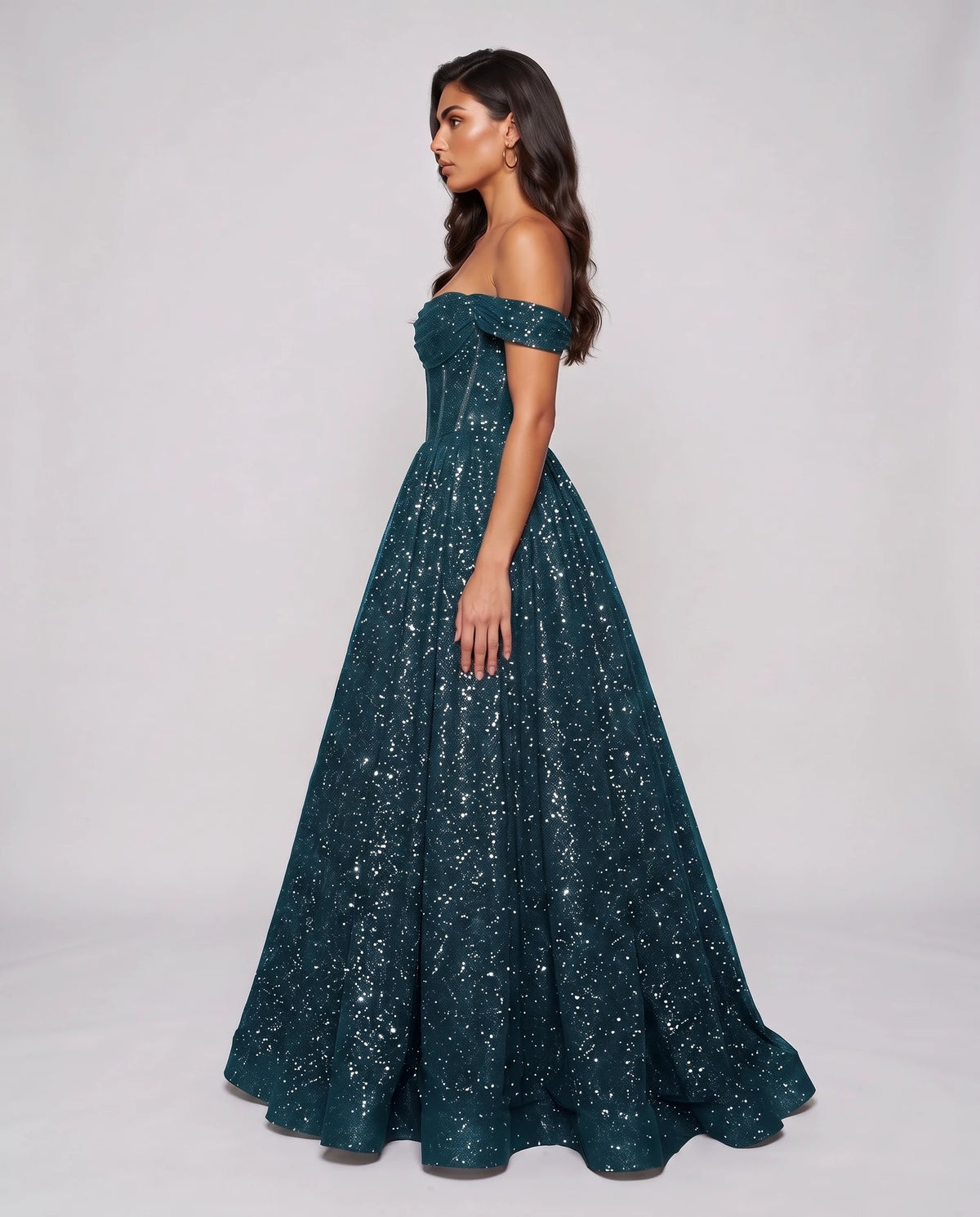 Peacock Glitter Tulle Off-Shoulder Corset Ball Gown Maxi Dress | Ramblion | SKU: VMD-583194726408315-PEACOCK-L,VMD-583194726408315-PEACOCK-M,VMD-583194726408315-PEACOCK-S,VMD-583194726408315-PEACOCK-XL,VMD-583194726408315-PEACOCK-XS