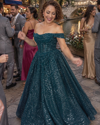 Peacock Glitter Tulle Off-Shoulder Corset Ball Gown Maxi Dress | Ramblion | SKU: VMD-583194726408315-PEACOCK-L,VMD-583194726408315-PEACOCK-M,VMD-583194726408315-PEACOCK-S,VMD-583194726408315-PEACOCK-XL,VMD-583194726408315-PEACOCK-XS