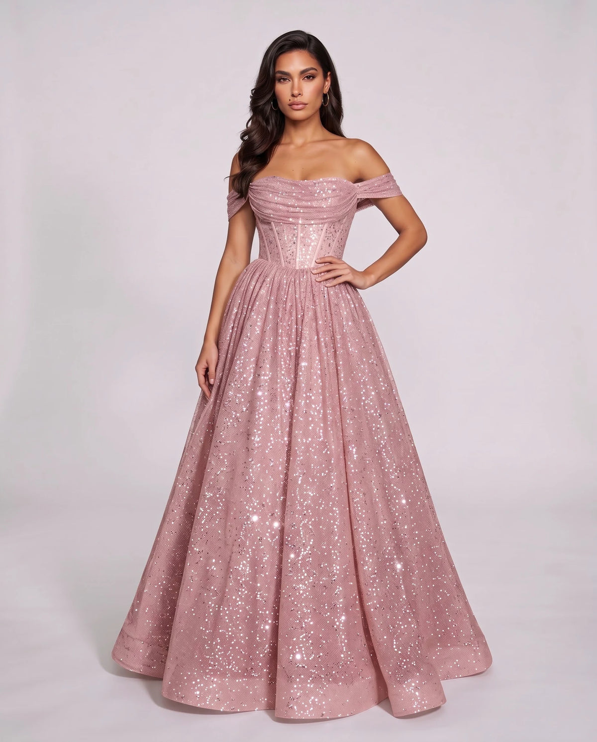 Pink Glitter Tulle Off-Shoulder Corset Ball Gown Maxi Dress | Ramblion | SKU: VMD-583194726408315-PINK-L,VMD-583194726408315-PINK-M,VMD-583194726408315-PINK-S,VMD-583194726408315-PINK-XL,VMD-583194726408315-PINK-XS