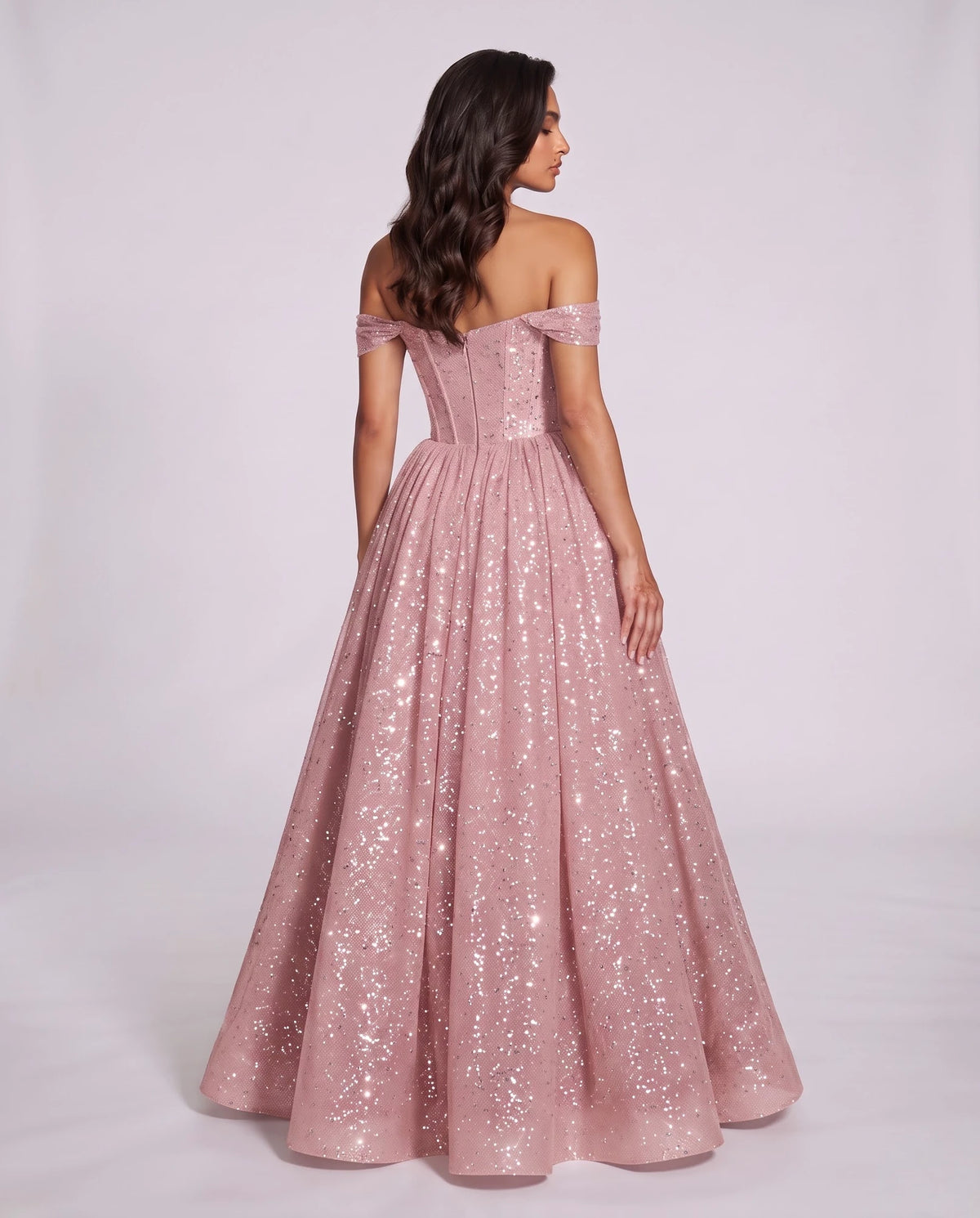 Pink Glitter Tulle Off-Shoulder Corset Ball Gown Maxi Dress | Ramblion | SKU: VMD-583194726408315-PINK-L,VMD-583194726408315-PINK-M,VMD-583194726408315-PINK-S,VMD-583194726408315-PINK-XL,VMD-583194726408315-PINK-XS