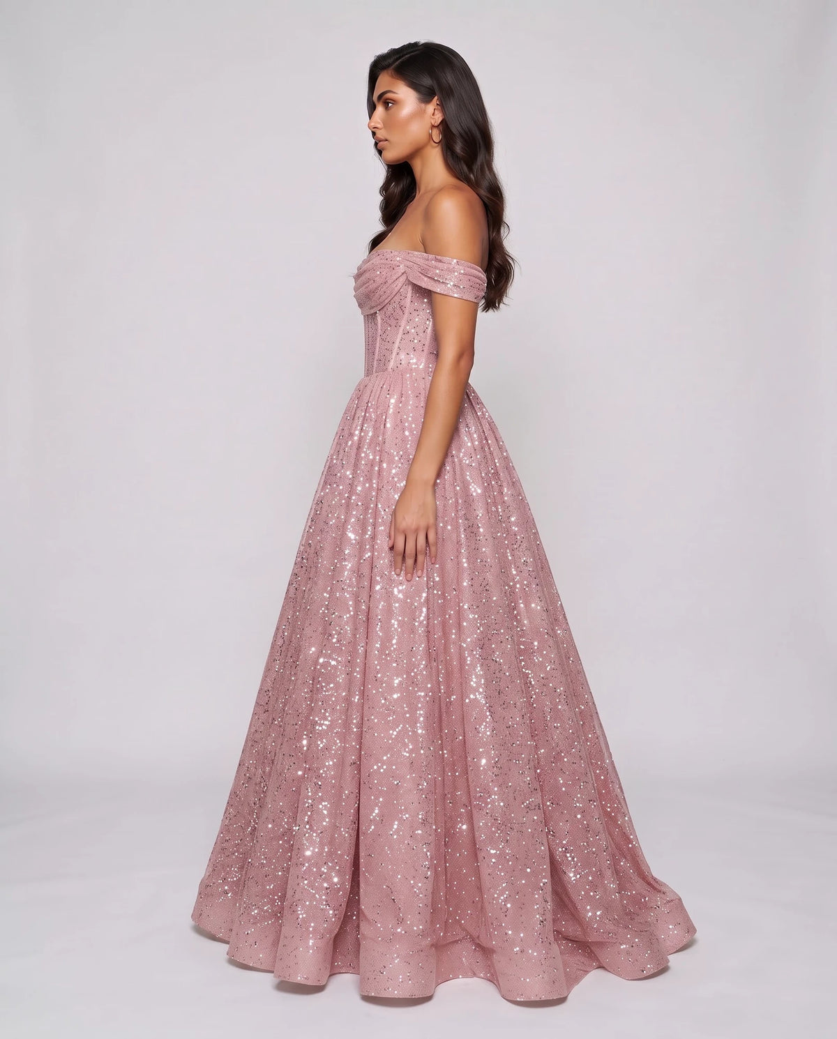 Pink Glitter Tulle Off-Shoulder Corset Ball Gown Maxi Dress | Ramblion | SKU: VMD-583194726408315-PINK-L,VMD-583194726408315-PINK-M,VMD-583194726408315-PINK-S,VMD-583194726408315-PINK-XL,VMD-583194726408315-PINK-XS