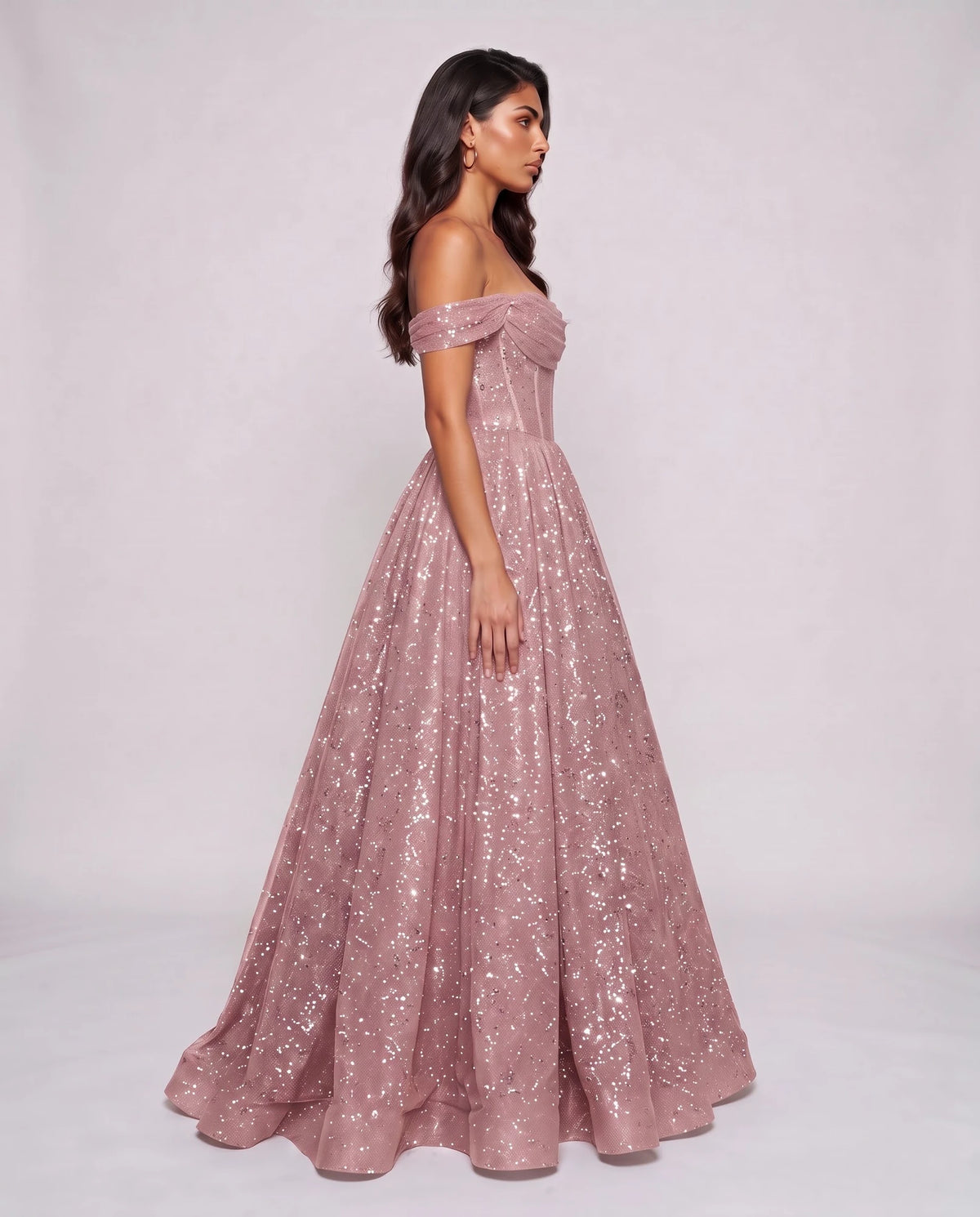 Pink Glitter Tulle Off-Shoulder Corset Ball Gown Maxi Dress | Ramblion | SKU: VMD-583194726408315-PINK-L,VMD-583194726408315-PINK-M,VMD-583194726408315-PINK-S,VMD-583194726408315-PINK-XL,VMD-583194726408315-PINK-XS