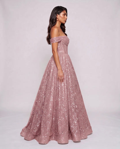 Pink Glitter Tulle Off-Shoulder Corset Ball Gown Maxi Dress | Ramblion | SKU: VMD-583194726408315-PINK-L,VMD-583194726408315-PINK-M,VMD-583194726408315-PINK-S,VMD-583194726408315-PINK-XL,VMD-583194726408315-PINK-XS