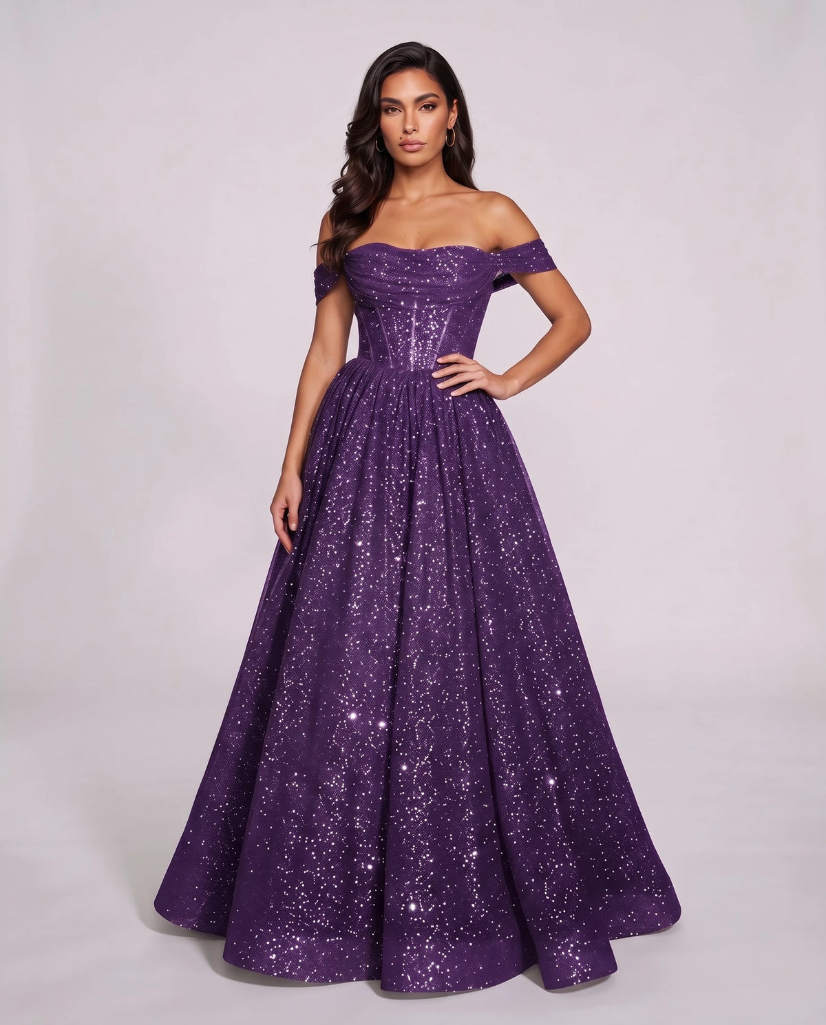 Purple Glitter Tulle Off-Shoulder Corset Ball Gown Maxi Dress | Ramblion | SKU: VMD-583194726408315-PURPLE-L,VMD-583194726408315-PURPLE-M,VMD-583194726408315-PURPLE-S,VMD-583194726408315-PURPLE-XL,VMD-583194726408315-PURPLE-XS