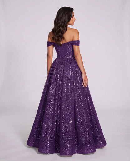 Purple Glitter Tulle Off-Shoulder Corset Ball Gown Maxi Dress | Ramblion | SKU: VMD-583194726408315-PURPLE-L,VMD-583194726408315-PURPLE-M,VMD-583194726408315-PURPLE-S,VMD-583194726408315-PURPLE-XL,VMD-583194726408315-PURPLE-XS