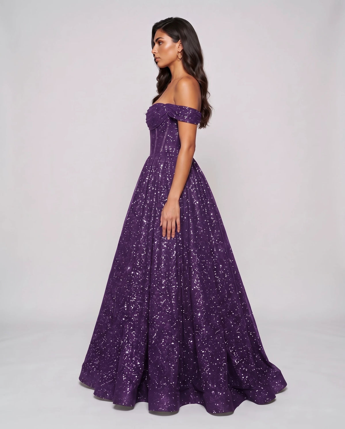 Purple Glitter Tulle Off-Shoulder Corset Ball Gown Maxi Dress | Ramblion | SKU: VMD-583194726408315-PURPLE-L,VMD-583194726408315-PURPLE-M,VMD-583194726408315-PURPLE-S,VMD-583194726408315-PURPLE-XL,VMD-583194726408315-PURPLE-XS
