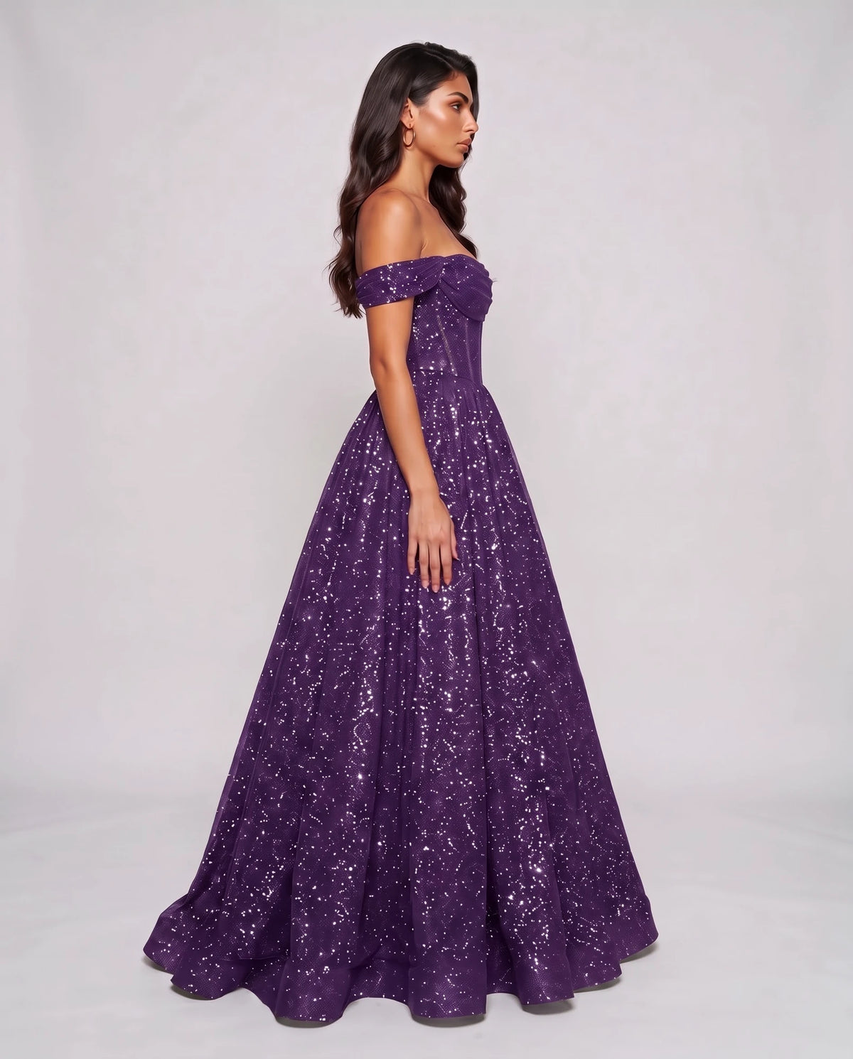 Purple Glitter Tulle Off-Shoulder Corset Ball Gown Maxi Dress | Ramblion | SKU: VMD-583194726408315-PURPLE-L,VMD-583194726408315-PURPLE-M,VMD-583194726408315-PURPLE-S,VMD-583194726408315-PURPLE-XL,VMD-583194726408315-PURPLE-XS
