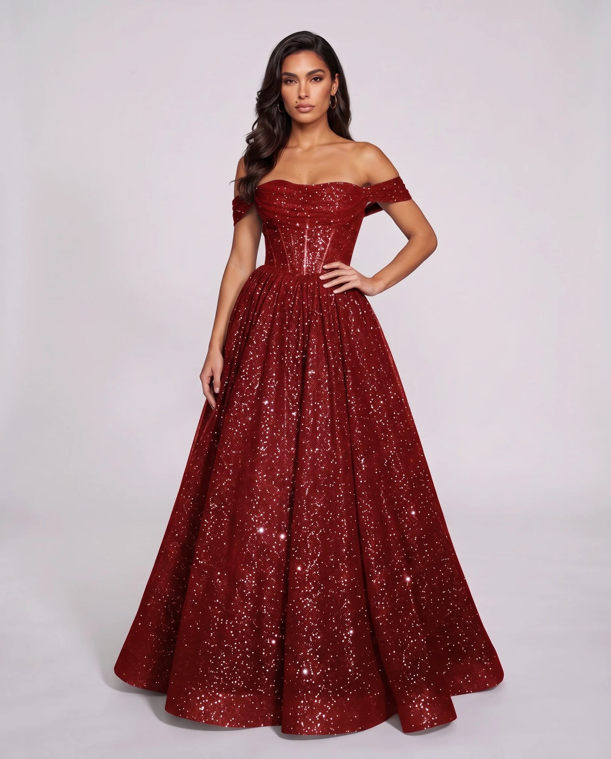 Red Glitter Tulle Off-Shoulder Corset Ball Gown Maxi Dress | Ramblion | SKU: VMD-583194726408315-RED-L,VMD-583194726408315-RED-M,VMD-583194726408315-RED-S,VMD-583194726408315-RED-XL,VMD-583194726408315-RED-XS