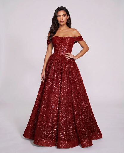 Red Glitter Tulle Off-Shoulder Corset Ball Gown Maxi Dress | Ramblion | SKU: VMD-583194726408315-RED-L,VMD-583194726408315-RED-M,VMD-583194726408315-RED-S,VMD-583194726408315-RED-XL,VMD-583194726408315-RED-XS