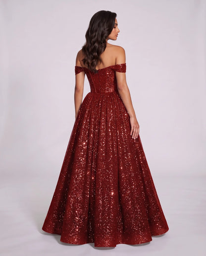 Red Glitter Tulle Off-Shoulder Corset Ball Gown Maxi Dress | Ramblion | SKU: VMD-583194726408315-RED-L,VMD-583194726408315-RED-M,VMD-583194726408315-RED-S,VMD-583194726408315-RED-XL,VMD-583194726408315-RED-XS