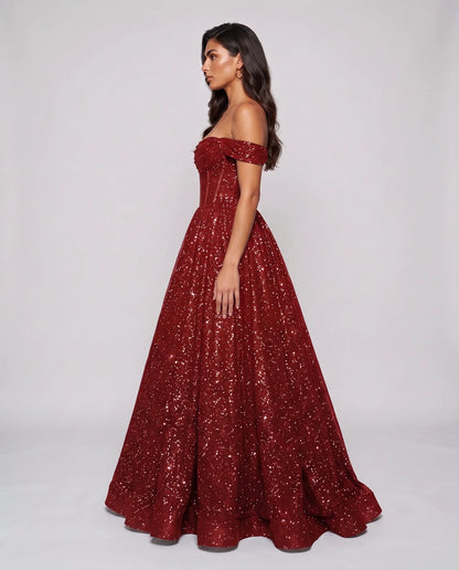 Red Glitter Tulle Off-Shoulder Corset Ball Gown Maxi Dress | Ramblion | SKU: VMD-583194726408315-RED-L,VMD-583194726408315-RED-M,VMD-583194726408315-RED-S,VMD-583194726408315-RED-XL,VMD-583194726408315-RED-XS
