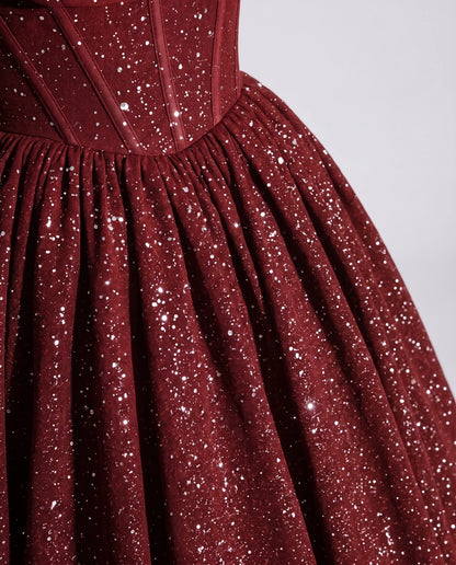 Red Glitter Tulle Off-Shoulder Corset Ball Gown Maxi Dress | Ramblion | SKU: VMD-583194726408315-RED-L,VMD-583194726408315-RED-M,VMD-583194726408315-RED-S,VMD-583194726408315-RED-XL,VMD-583194726408315-RED-XS