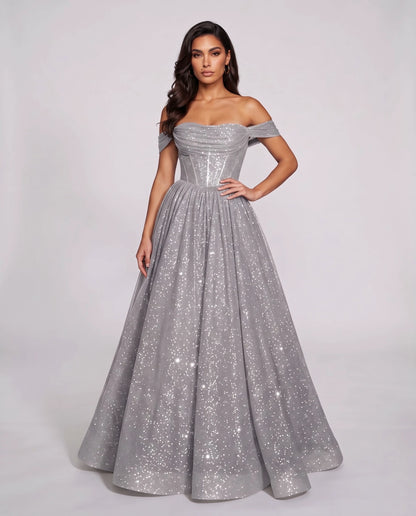 Silver Glitter Tulle Off-Shoulder Corset Ball Gown Maxi Dress | Ramblion | SKU: VMD-583194726408315-SILVER-L,VMD-583194726408315-SILVER-M,VMD-583194726408315-SILVER-S,VMD-583194726408315-SILVER-XL,VMD-583194726408315-SILVER-XS